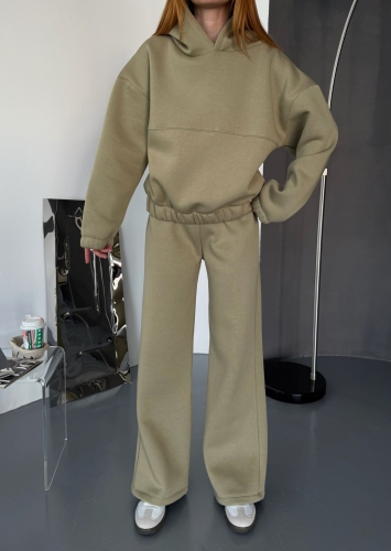 TKM-0037 Haki Dikiş Detaylı Kapüşonlu Sweatshirt & Eşofman Üç İplik Şardonlu İkili Takım - 3