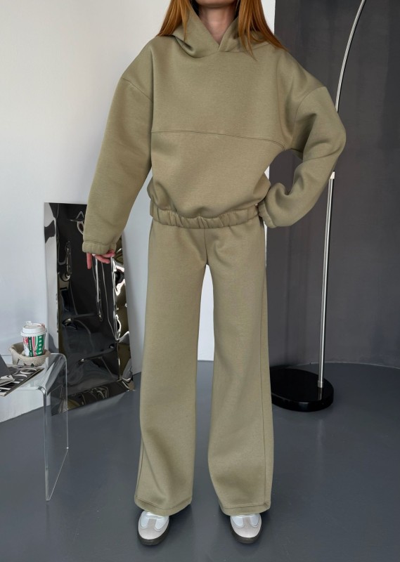 TKM-0037 Haki Dikiş Detaylı Kapüşonlu Sweatshirt & Eşofman Üç İplik Şardonlu İkili Takım - 3