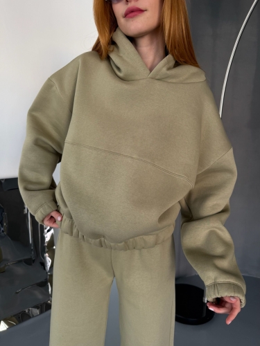 TKM-0037 Haki Dikiş Detaylı Kapüşonlu Sweatshirt & Eşofman Üç İplik Şardonlu İkili Takım (1)