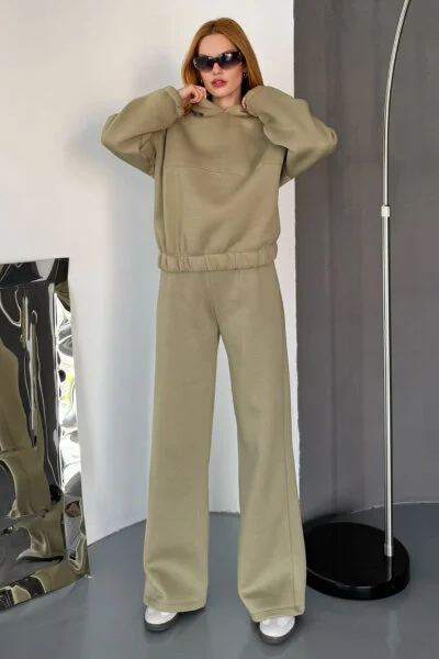 TKM-0037 Haki Dikiş Detaylı Kapüşonlu Sweatshirt & Eşofman Üç İplik Şardonlu İkili Takım 