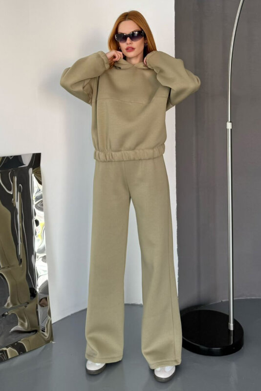 TKM-0037 Haki Dikiş Detaylı Kapüşonlu Sweatshirt & Eşofman Üç İplik Şardonlu İkili Takım - 1