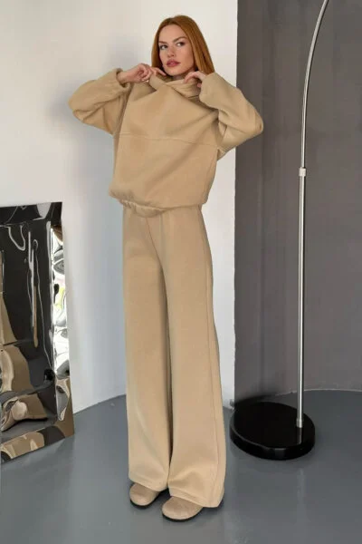 TKM-0037 Vizon Dikiş Detaylı Kapüşonlu Sweatshirt & Eşofman Üç İplik Şardonlu İkili Takım - Cappmoda