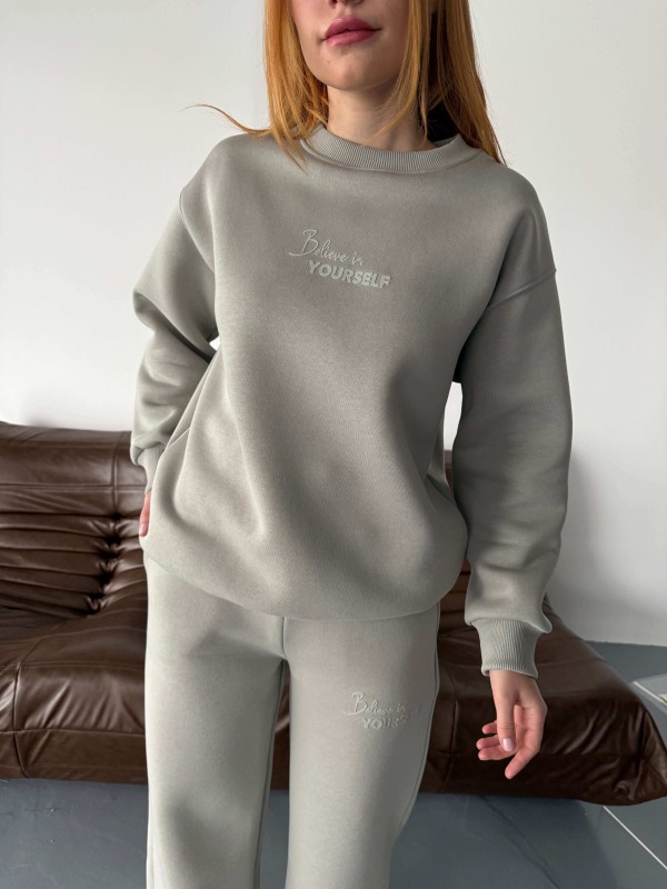 TKM-0040 Boyama Gri Believe İn Yourself Kabartma Yazı Üç İplik Şardonlu İkili Takım - 3
