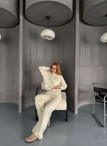 TKM-0040 Ekru Believe İn Yourself Kabartma Yazı Baskılı  Üç İplik Şardonlu İkili Takım - 4