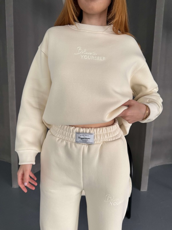 TKM-0040 Ekru Believe İn Yourself Kabartma Yazı Baskılı  Üç İplik Şardonlu İkili Takım - 3