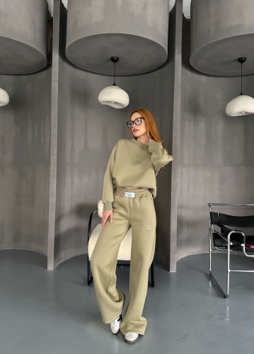 TKM-0040 Haki Believe İn Yourself Kabartma Yazı Baskılı  Üç İplik Şardonlu İkili Takım - 1