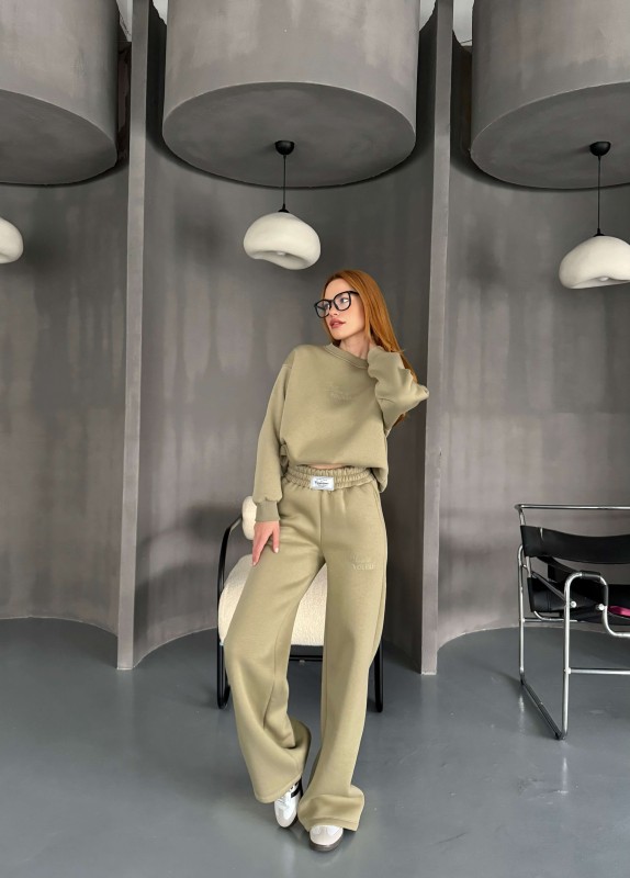 TKM-0040 Haki Believe İn Yourself Kabartma Yazı Baskılı  Üç İplik Şardonlu İkili Takım - 1