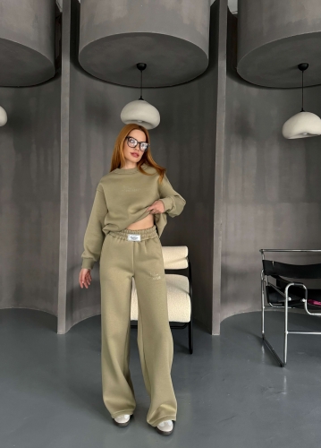 TKM-0040 Haki Believe İn Yourself Kabartma Yazı Baskılı  Üç İplik Şardonlu İkili Takım - 2