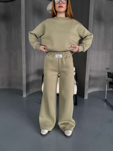 TKM-0040 Haki Believe İn Yourself Kabartma Yazı Baskılı  Üç İplik Şardonlu İkili Takım - 3