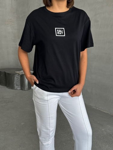 TKM-0047 Beyaz Frıday Yazılı Enjeksiyon Baskı Bisiklet Yaka Tişört Etiket Detay Bel Lastikli Jogger Eşofman İkili Takım - 4