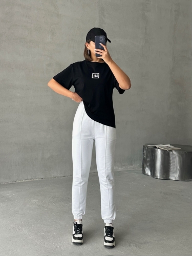 TKM-0047 Beyaz Frıday Yazılı Enjeksiyon Baskı Bisiklet Yaka Tişört Etiket Detay Bel Lastikli Jogger Eşofman İkili Takım - 5