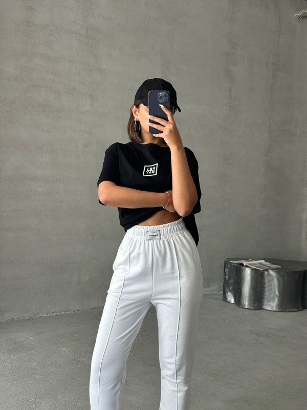 TKM-0047 Beyaz Frıday Yazılı Enjeksiyon Baskı Bisiklet Yaka Tişört Etiket Detay Bel Lastikli Jogger Eşofman İkili Takım - 2