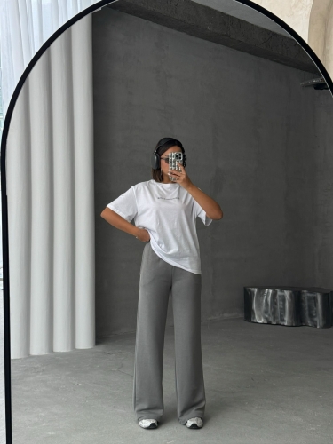 TKM-0048 Gri Destınatıon Is Done Yazı Enjeksiyon Baskı Bisiklet Yaka Tişört Etiket Detay Palazzo Pantolon İkili Takım - Cappmoda