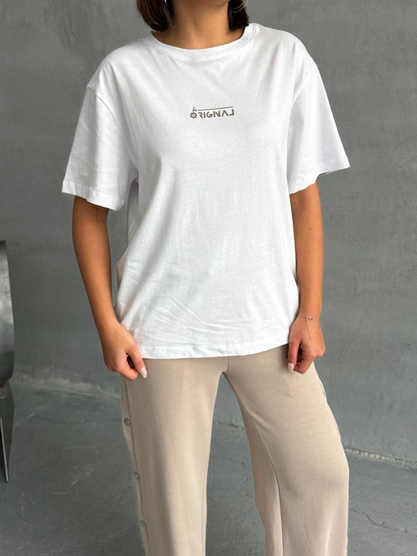 TKM-0049 Bej Rengi Orıgnal Yazı Enjeksiyon Baskılı Bisiklet Yaka Tişört Bel Lastikli Etkiket Detay Çıtçıtlı Eşofman İkili Takım - 3