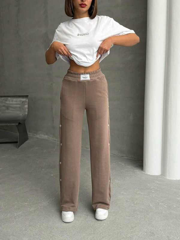 TKM-0049 Kahverengi Orıgnal Yazı Enjeksiyon Baskılı Bisiklet Yaka Tişört Bel Lastikli Etkiket Detay Çıtçıtlı Eşofman İkili Takım - 2