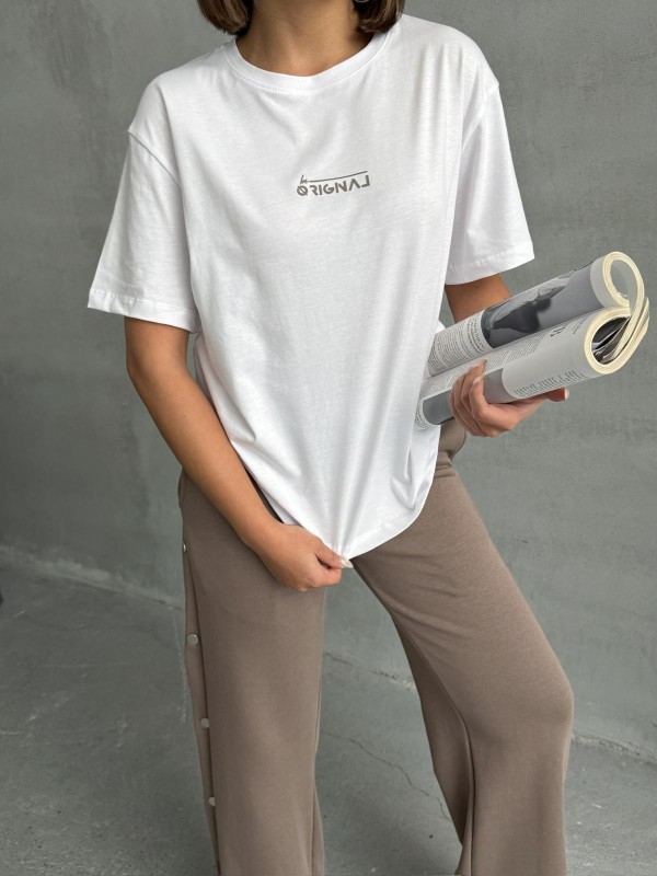 TKM-0049 Kahverengi Orıgnal Yazı Enjeksiyon Baskılı Bisiklet Yaka Tişört Bel Lastikli Etkiket Detay Çıtçıtlı Eşofman İkili Takım - 5