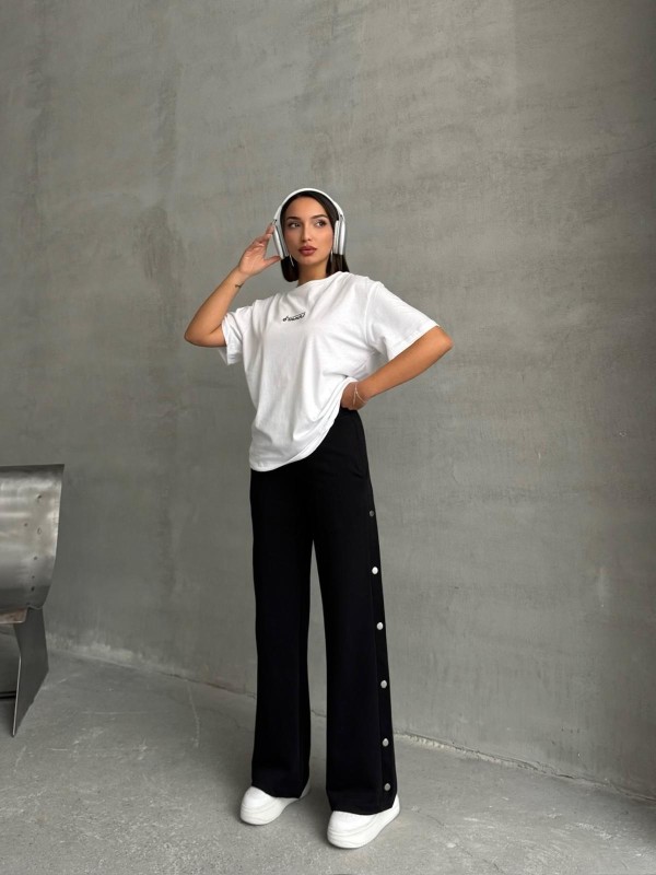 TKM-0049 Siyah Orıgnal Yazı Enjeksiyon Baskılı Bisiklet Yaka Tişört Bel Lastikli Etkiket Detay Çıtçıtlı Eşofman İkili Takım - 1