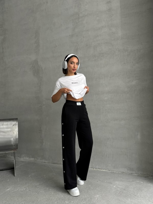 TKM-0049 Siyah Orıgnal Yazı Enjeksiyon Baskılı Bisiklet Yaka Tişört Bel Lastikli Etkiket Detay Çıtçıtlı Eşofman İkili Takım - 4