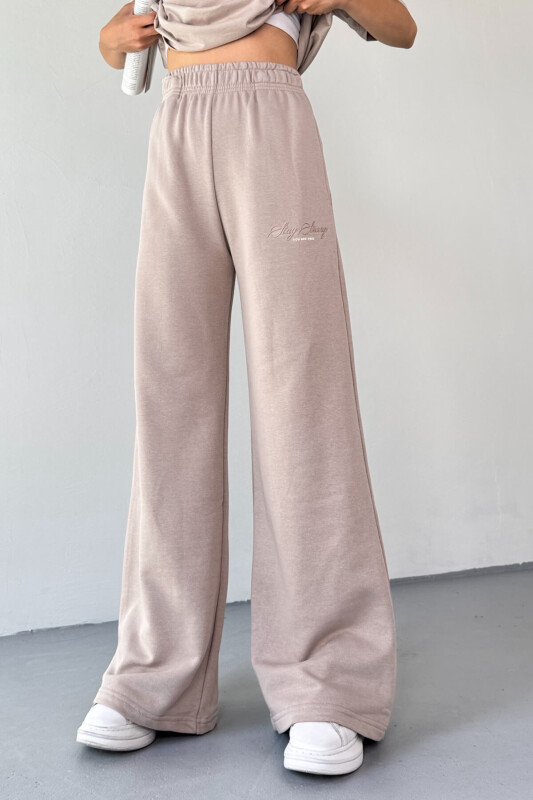 TKM-0060 Taş Rengi Stay Strong Yazı Enjeksiyon Baskı Tişört İki İplik Palazzo Pantolon İkili Takım - 4