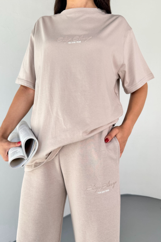 TKM-0060 Taş Rengi Stay Strong Yazı Enjeksiyon Baskı Tişört İki İplik Palazzo Pantolon İkili Takım - 5