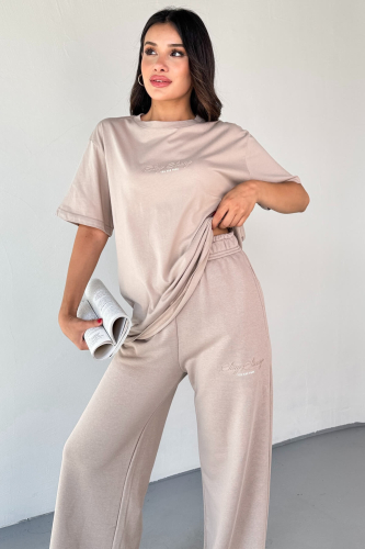 TKM-0060 Taş Rengi Stay Strong Yazı Enjeksiyon Baskı Tişört İki İplik Palazzo Pantolon İkili Takım (1)