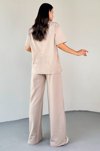 TKM-0060 Taş Rengi Stay Strong Yazı Enjeksiyon Baskı Tişört İki İplik Palazzo Pantolon İkili Takım - 6