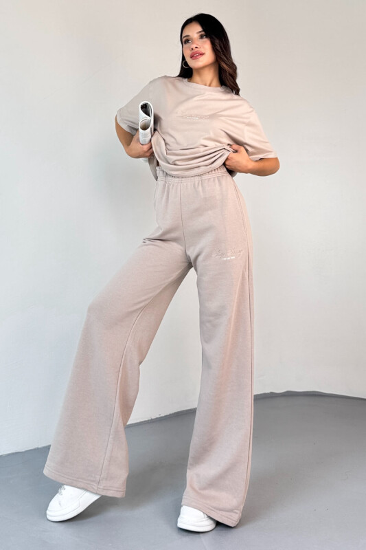 TKM-0060 Taş Rengi Stay Strong Yazı Enjeksiyon Baskı Tişört İki İplik Palazzo Pantolon İkili Takım - 8