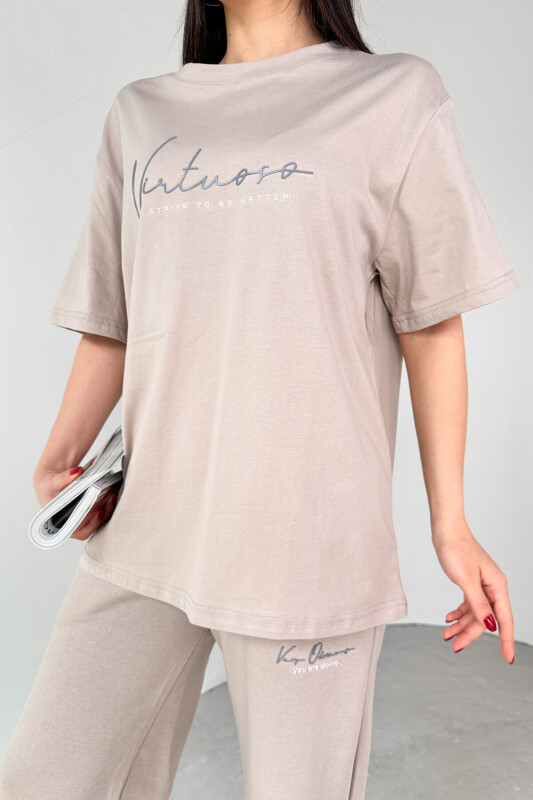 TKM-0061 Taş Rengi Virtuoso Yazı Baskılı Spor Takım - 2