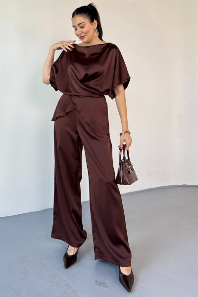 TKM-0298 Acı Kahve Kalın Saten Geniş Yaka Bağlama Detaylı İkili Takım 