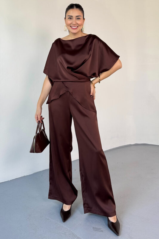 TKM-0298 Acı Kahve Kalın Saten Geniş Yaka Bağlama Detaylı İkili Takım - 3