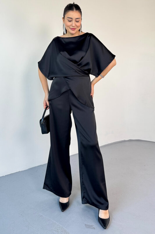 TKM-0298 Siyah Kalın Saten Geniş Yaka Bağlama Detaylı İkili Takım - 1