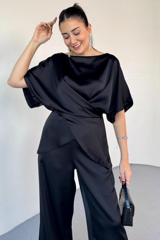 TKM-0298 Siyah Kalın Saten Geniş Yaka Bağlama Detaylı İkili Takım - 2