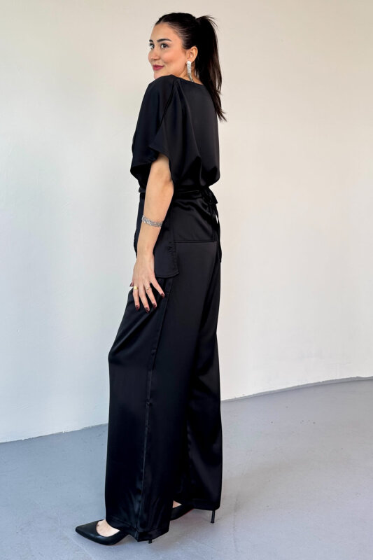 TKM-0298 Siyah Kalın Saten Geniş Yaka Bağlama Detaylı İkili Takım - 3