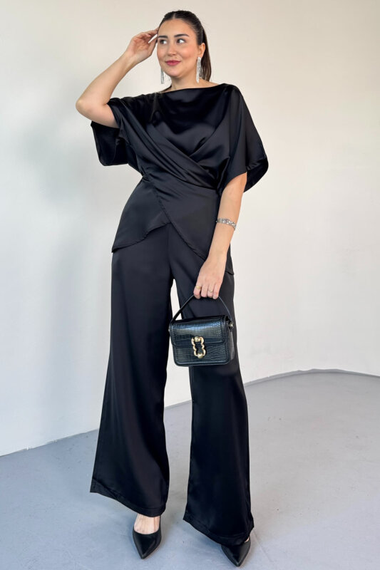 TKM-0298 Siyah Kalın Saten Geniş Yaka Bağlama Detaylı İkili Takım - 4