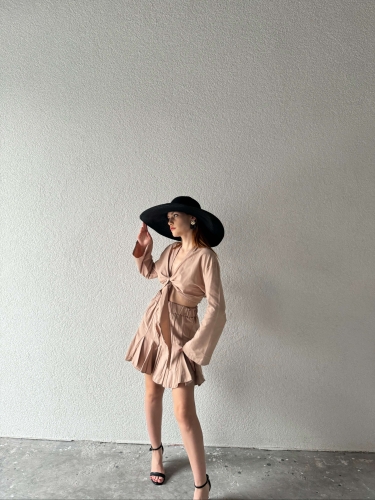 TKM-03415 Vizon Bağlama Detay Bluz Pileli Etek İkili Takım (1)