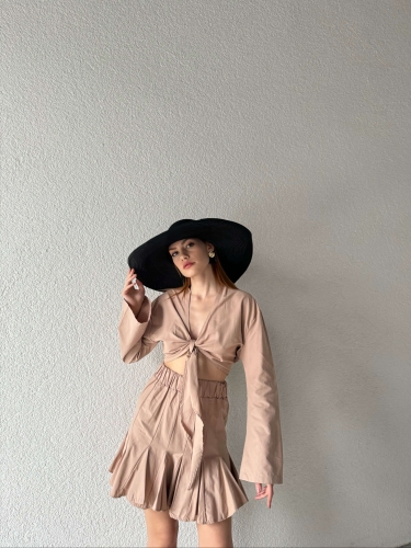 TKM-03415 Vizon Bağlama Detay Bluz Pileli Etek İkili Takım - 3