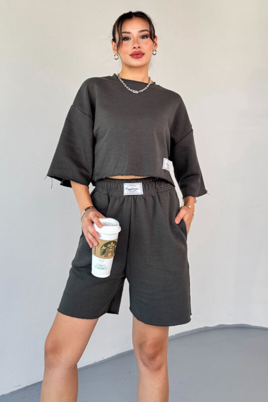 TKM-03597 Füme Etiket Detay Bisiklet Yaka Crop Tshırt Kısa Şort İkili Takım - 1