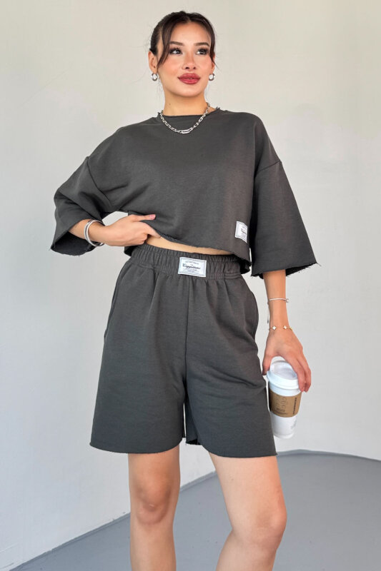 TKM-03597 Füme Etiket Detay Bisiklet Yaka Crop Tshırt Kısa Şort İkili Takım - 2