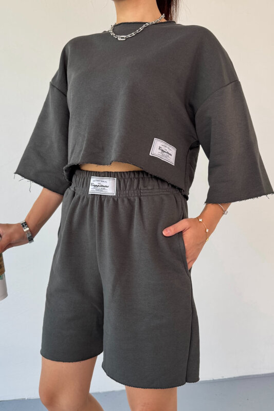 TKM-03597 Füme Etiket Detay Bisiklet Yaka Crop Tshırt Kısa Şort İkili Takım - 4