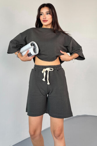 TKM-03598 Füme Rengi Pis Dikişli Kordonlu Crop Şort Takım - 2