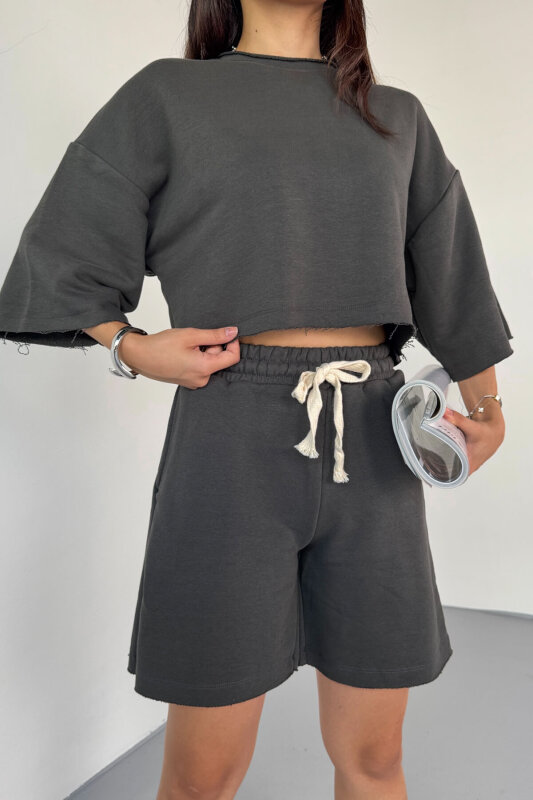 TKM-03598 Füme Rengi Pis Dikişli Kordonlu Crop Şort Takım - 4