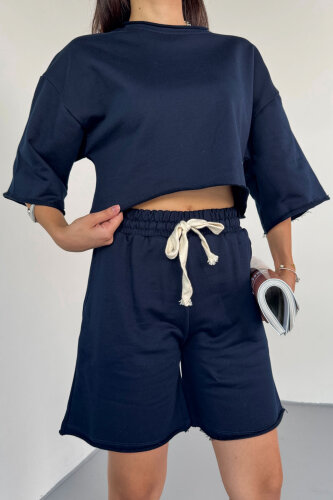 TKM-03598 Lacivert Rengi Pis Dikişli Kordonlu Crop Şort Takım (1)