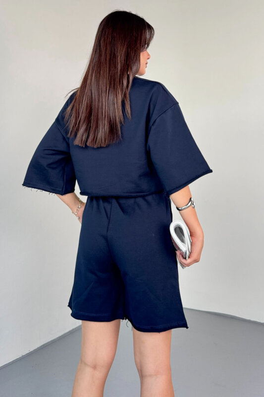 TKM-03598 Lacivert Rengi Pis Dikişli Kordonlu Crop Şort Takım - 3