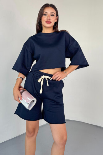 TKM-03598 Lacivert Rengi Pis Dikişli Kordonlu Crop Şort Takım - 4