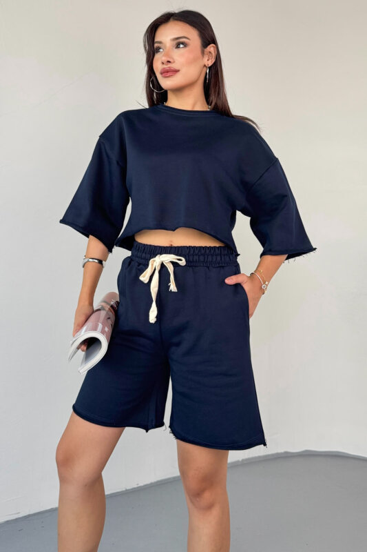 TKM-03598 Lacivert Rengi Pis Dikişli Kordonlu Crop Şort Takım - 5