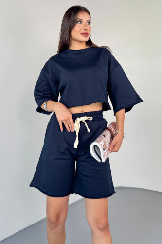 TKM-03598 Lacivert Rengi Pis Dikişli Kordonlu Crop Şort Takım