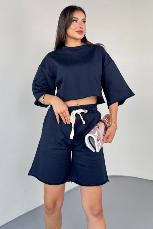 TKM-03598 Lacivert Rengi Pis Dikişli Kordonlu Crop Şort Takım - 1
