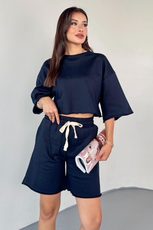 TKM-03598 Lacivert Rengi Pis Dikişli Kordonlu Crop Şort Takım - 6