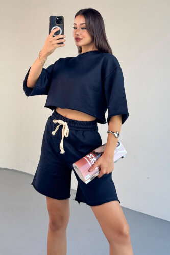 TKM-03598 Lacivert Rengi Pis Dikişli Kordonlu Crop Şort Takım - 7