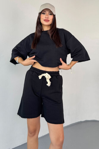 TKM-03598 Siyah Rengi Pis Dikişli Kordonlu Crop Şort Takım - 4